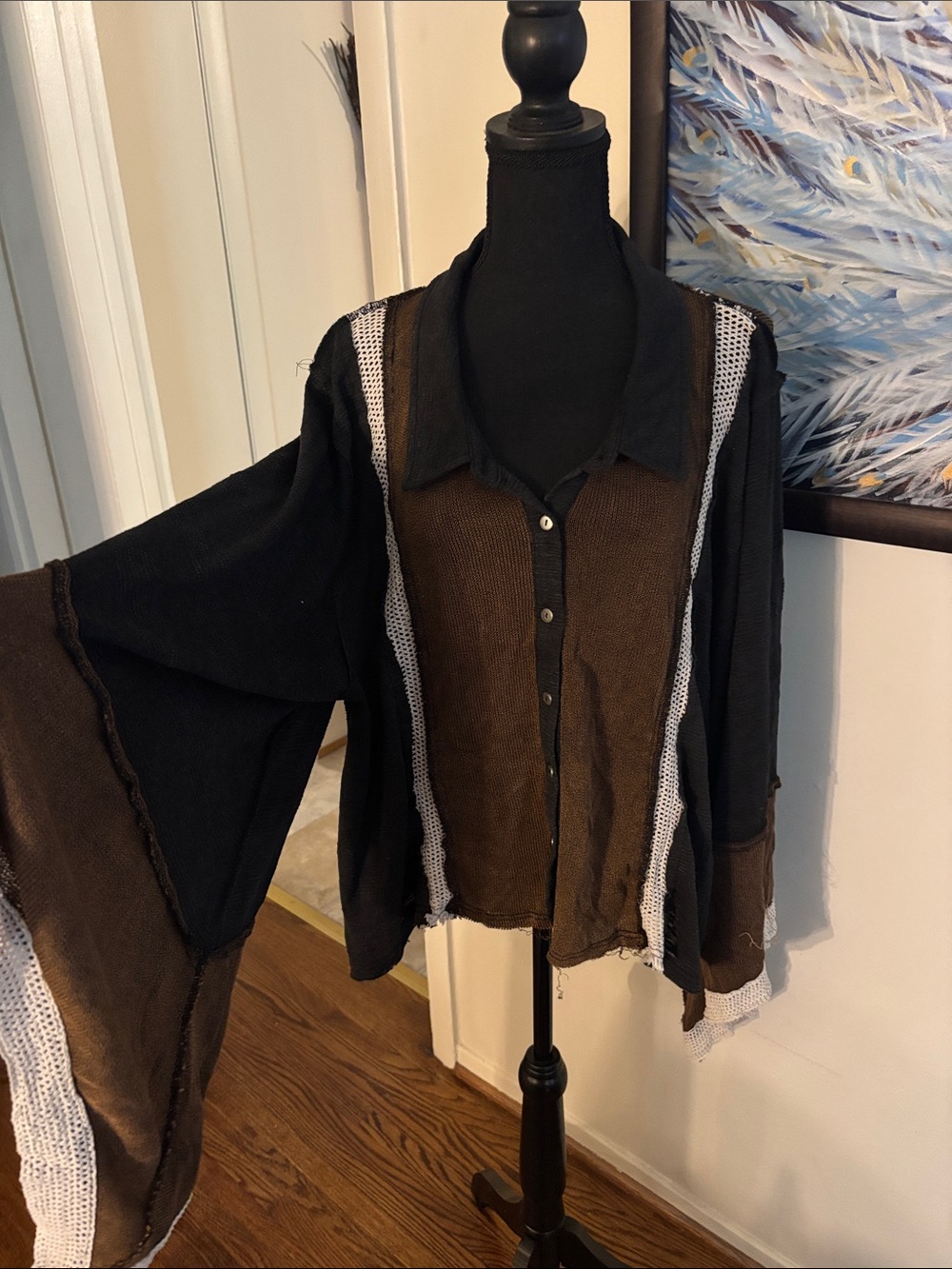POL Black Brown Oversized Batwing Sleeves Button Up L